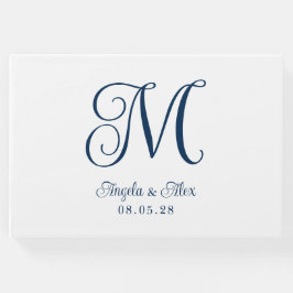 Marineblauw  Curly Bruiloft Monogram Gastenboek