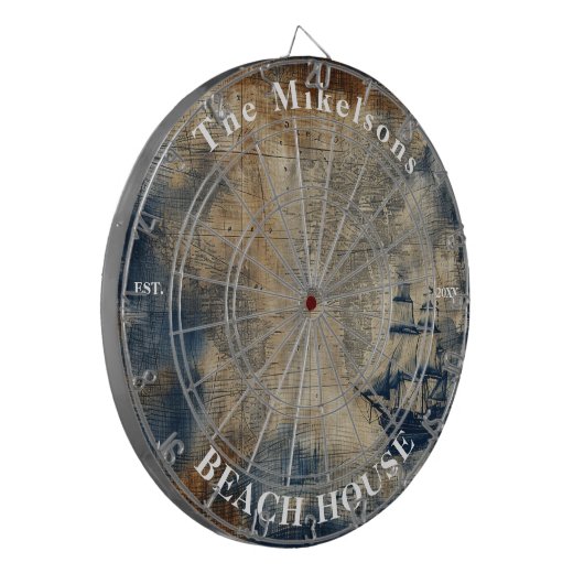  marineblauw custom nautisch strandhuis dartbord (Voorkant Links)