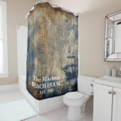  marineblauw custom nautisch strandhuis douchegordijn (In situ)