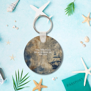 marineblauw custom nautisch strandhuis sleutelhanger