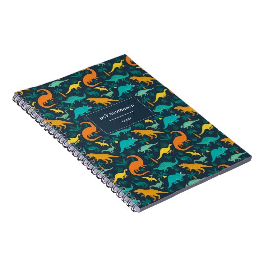 Marineblauw | Cute Colorful Dinosaur Pattern Perso Notitieboek (Rechterzijde)