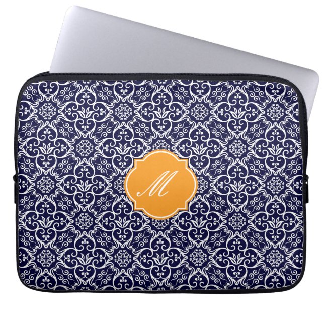 Marineblauw Damaks Patroomhulsel Laptop Sleeve (Voorkant)