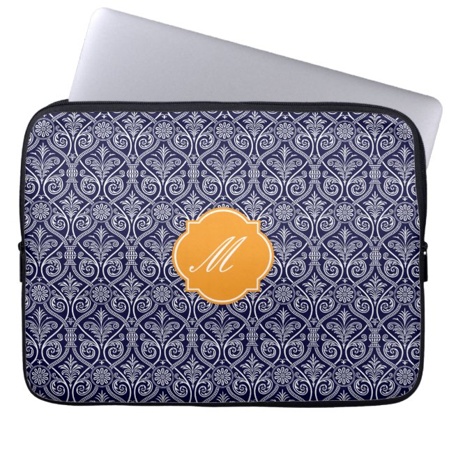 Marineblauw Damaks Patroomhulsel Laptop Sleeve (Voorkant)
