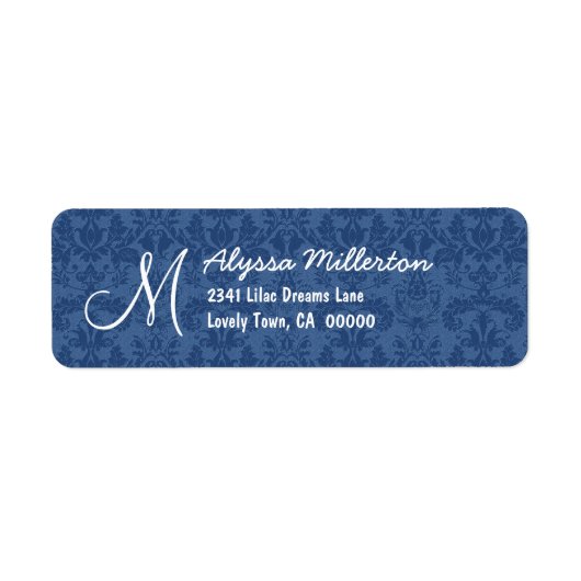 Marineblauw Damask Monogram M VER 001 Adreslabel Etiket (Voorkant)