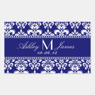 Marineblauw Damask Wijnlabel voor bruiloft Rechthoekige Sticker