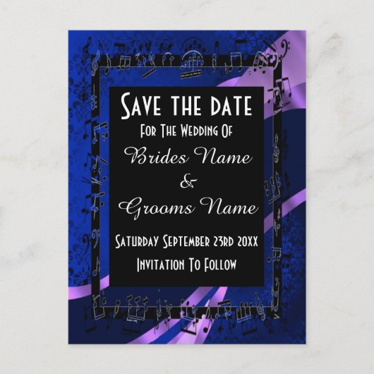 Marineblauw damast en zwart bewaren de datum aankondigingskaart (Voorkant)