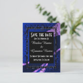 Marineblauw damast en zwart bewaren de datum aankondigingskaart (Staand voorkant)