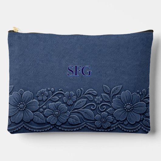 Marineblauw denim bloemen monogram ontwerp etui (Voorkant)
