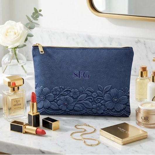 Marineblauw denim bloemen monogram ontwerp etui
