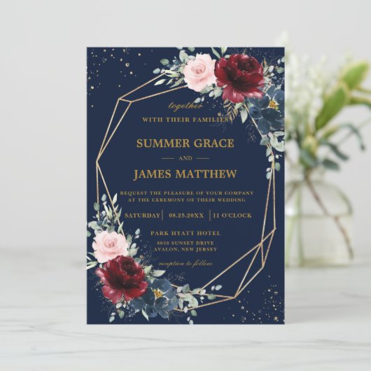 Marineblauw Diep Rood Bourgondië Blush Bloemen Bru Kaart (Staand voorkant)