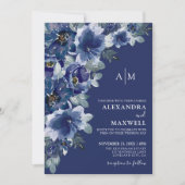Marineblauw Donker Elegant Modern Bloemen Bruiloft Kaart (Voorkant)