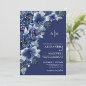 Marineblauw Donker Elegant Modern Bloemen Bruiloft Kaart (Staand voorkant)