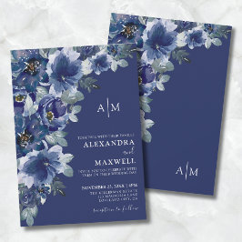 Marineblauw Donker Elegant Modern Bloemen Bruiloft Kaart