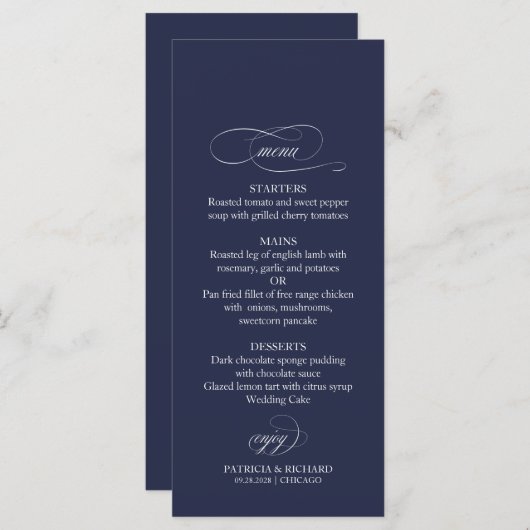 Marineblauw Eenvoudig Elegant 4x9 Bruiloft Menu (Voorkant / Achterkant)