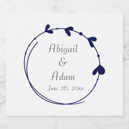 Marineblauw Eenvoudig hart krans bruiloft Sparkling Wijnetiket (Enkel label)