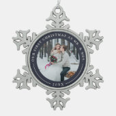 Marineblauw | Eerste kerstfoto met huwelijk Tin Sneeuwvlok Ornament (Voorkant)