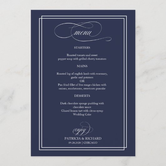 Marineblauw Elegant Bruiloft Menu (Voorkant)