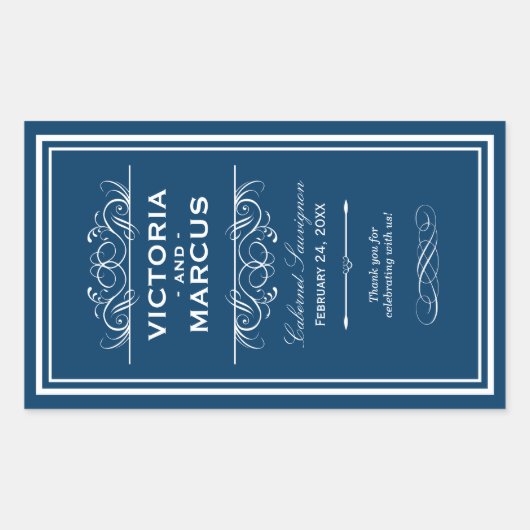Marineblauw Elegant Bruiloft Monogram Wijnfles Rechthoekige Sticker (Voorkant)