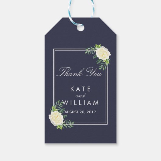 Marineblauw Elegant Chique Ivoor Roos CADEAU LABEL Cadeaulabel (Voorkant)