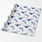 Marineblauw | Elegant Flowers Wrapping Paper Cadeaupapier (Uitgerold)