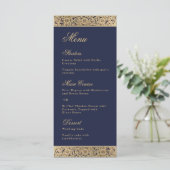 Marineblauw Elegant Goud Wilde Rozen Bruiloft Menu (Staand voorkant)