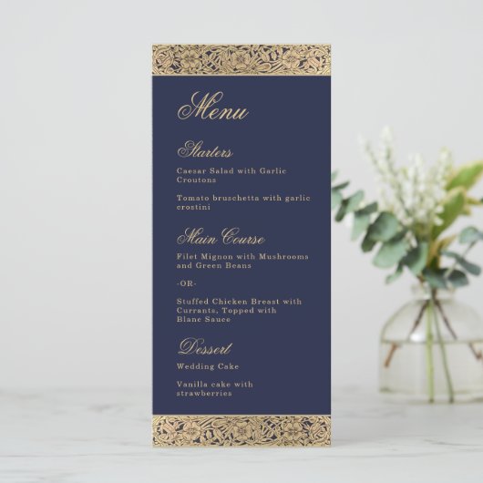 Marineblauw Elegant Goud Wilde Rozen Bruiloft Menu (Staand voorkant)
