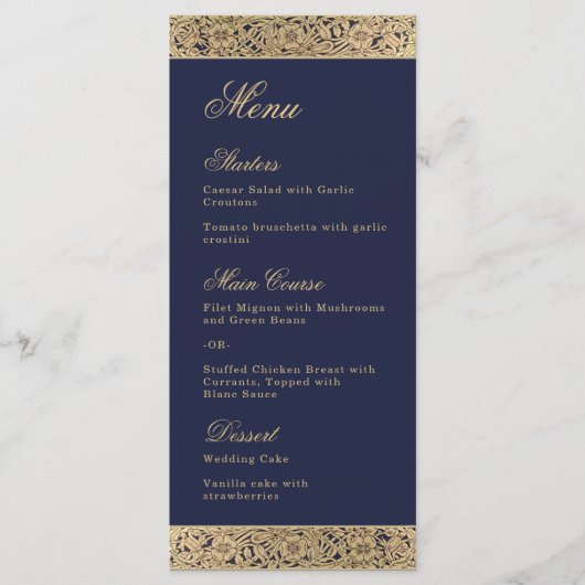 Marineblauw Elegant Goud Wilde Rozen Bruiloft Menu (Voorkant)