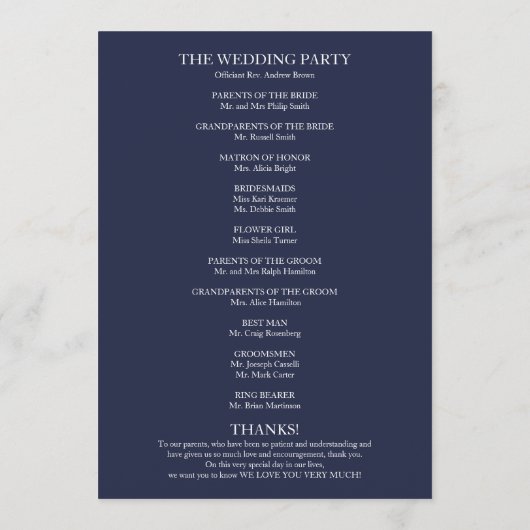 Marineblauw Elegant Huwelijksceremonie Programma Programmakaart (Achterkant)