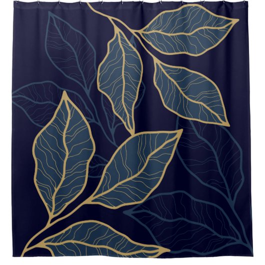 Marineblauw Elegant Luxe Goud Blad Douchegordijn (Voorkant)