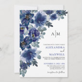 Marineblauw Elegant Modern Bloemen Bruiloft Kaart (Voorkant)