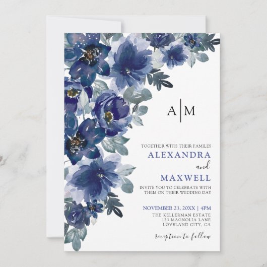 Marineblauw Elegant Modern Bloemen Bruiloft Kaart (Voorkant)