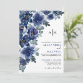 Marineblauw Elegant Modern Bloemen Bruiloft Kaart (Staand voorkant)