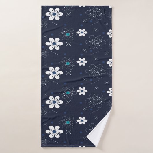 Marineblauw & Elegant Modern retro Bloemen Bad Handdoek (Badhanddoek)