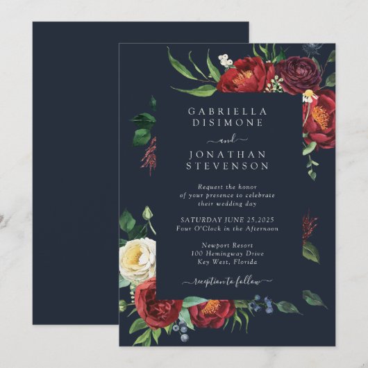 Marineblauw Elegant Roest Bloemen Waterverf Bruilo Kaart (Voorkant / Achterkant)