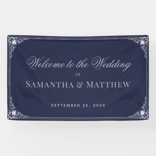 Marineblauw  Elegant Script Bruiloft Welkom Spandoek (Horizontaal)