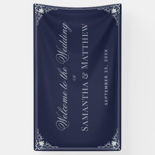 Marineblauw  Elegant Script Bruiloft Welkom Spandoek (Verticaal)