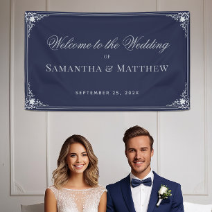 Marineblauw  Elegant Script Bruiloft Welkom Spandoek