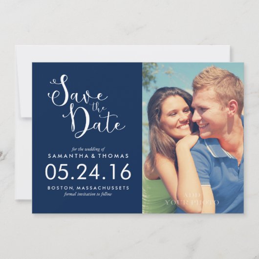 Marineblauw Elegant Script Sla de datum op Save The Date (Voorkant)