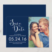 Marineblauw Elegant Script Sla de datum op Save The Date (Voorkant / Achterkant)