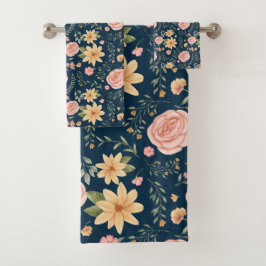 Marineblauw Elegant Wildflower Roos Bad Handdoek