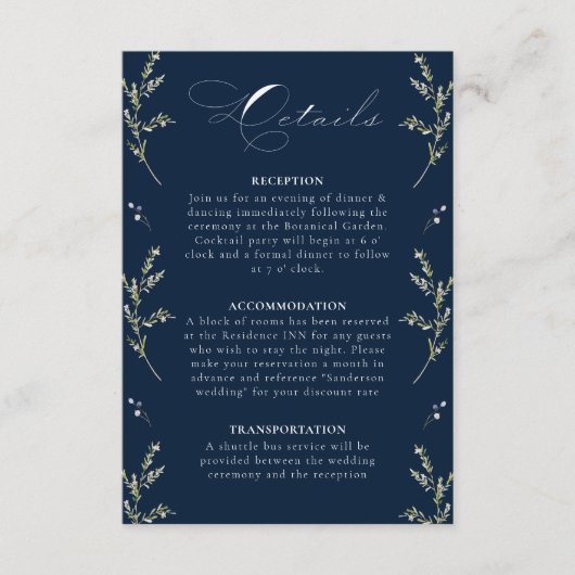 Marineblauw Elegant Winter Wildflower bruiloft Det Informatiekaartje (Voorkant)