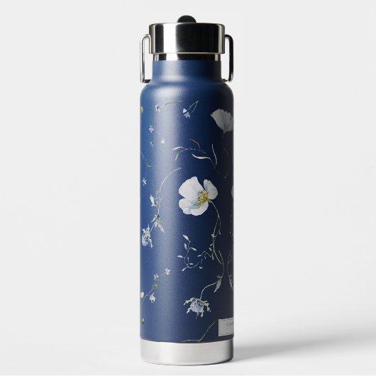 Marineblauw Elegante Winter Wildbloemen Bruiloft Waterfles (Voorkant)