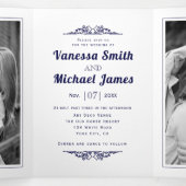 Marineblauw  elementen en typografie bruiloft drieluik uitnodiging (Binnenkant midden)