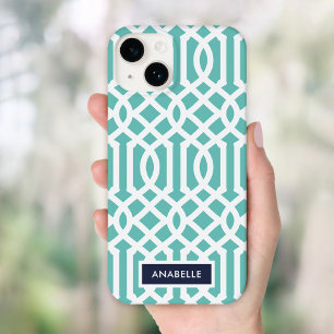 Marineblauw en Aqua Traliewerk Monogram Case-Mate iPhone 14 Hoesje