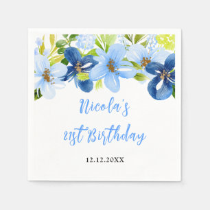 Marineblauw en babyblauw bloemengeboortedag servet
