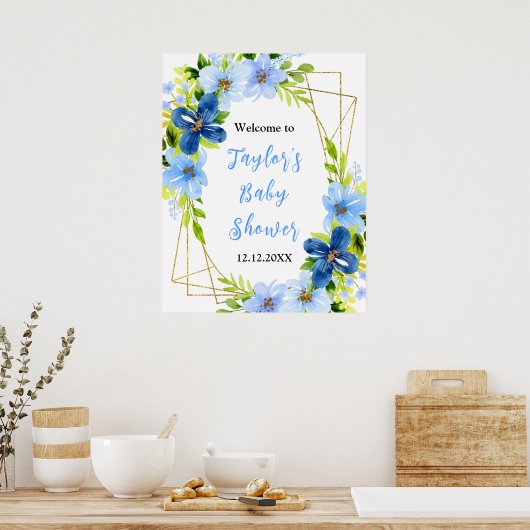 Marineblauw en babyblauw bloemensprookje baby show poster (Keuken)