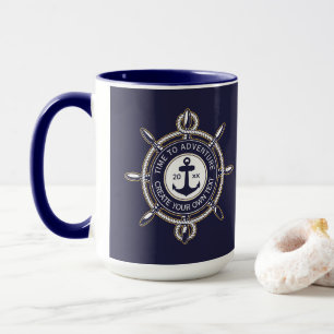 Marineblauw en beige rond met kustkompas mok