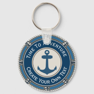 Marineblauw en Beige Rond met Kustkompas Sleutelhanger
