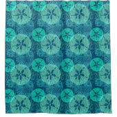 Marineblauw en Blauwgroen Beach Sea Shells Zanddol Douchegordijn (Voorkant)