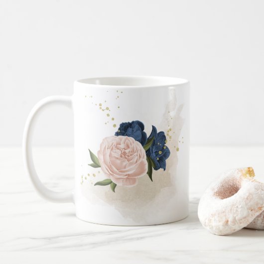 marineblauw en blosroze bloemen groen koffiemok (Met donut)
